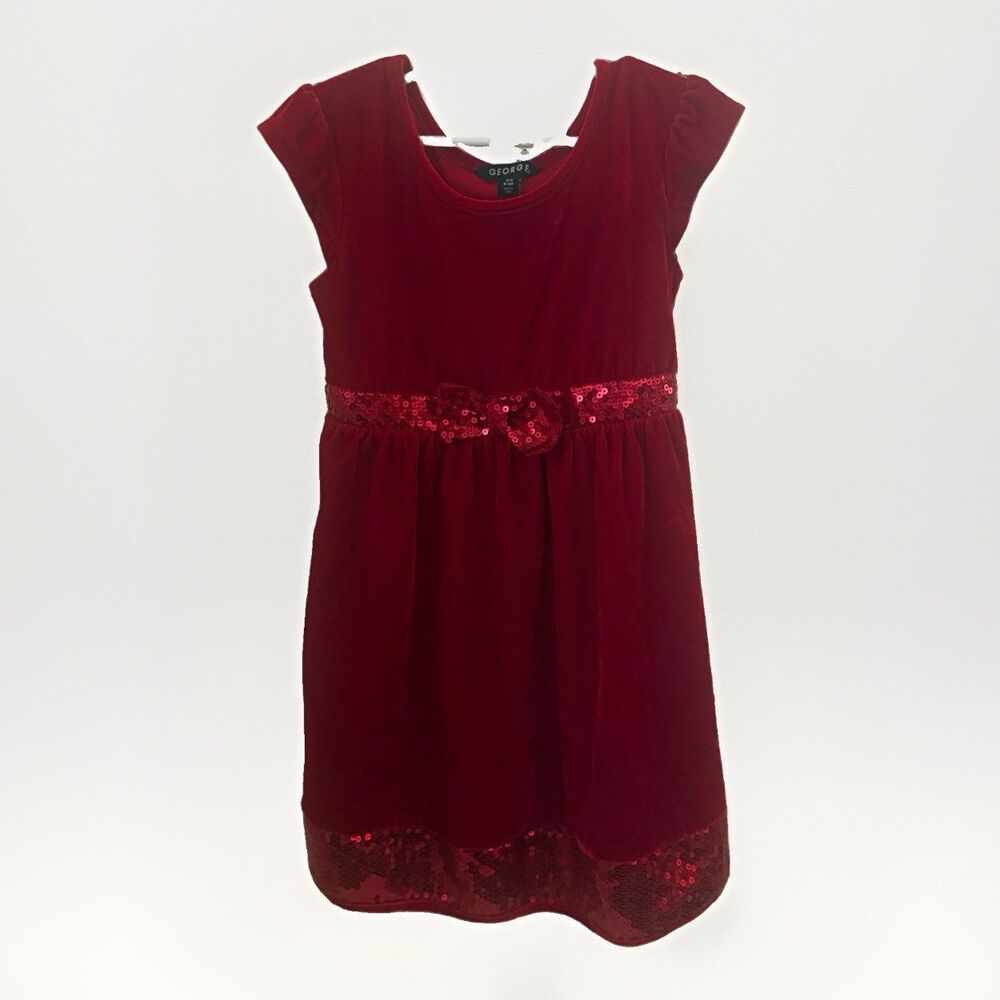 George Girls Size 6/6X Red Velvet & Sequin Christmas Holiday Dress Formal  Bow